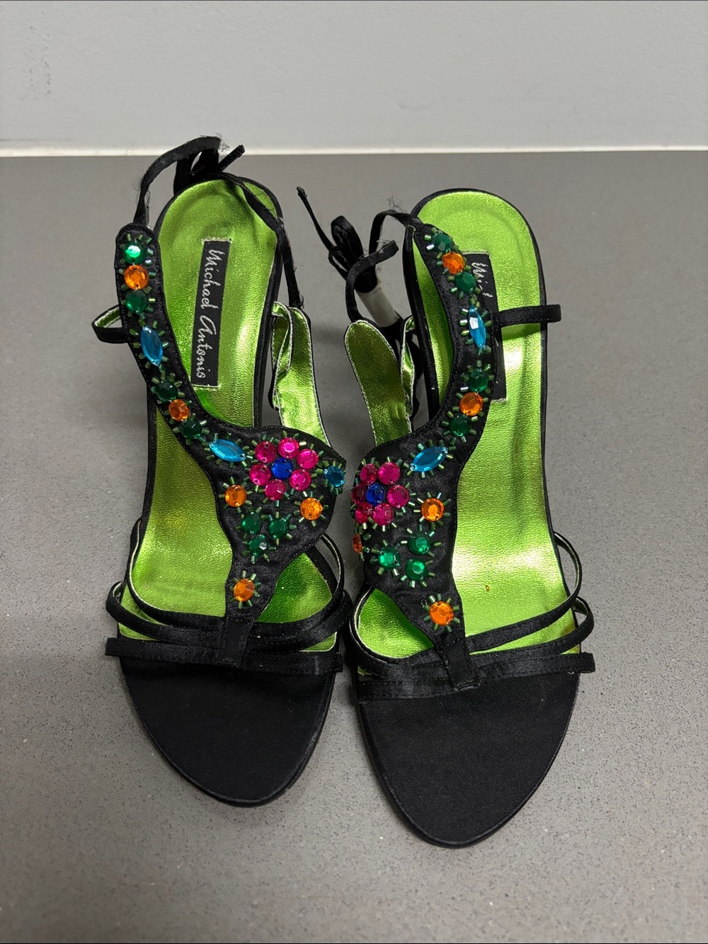 Michael Antonio Lace up Black Strappy Heels with Multicolor Gem Embellishments